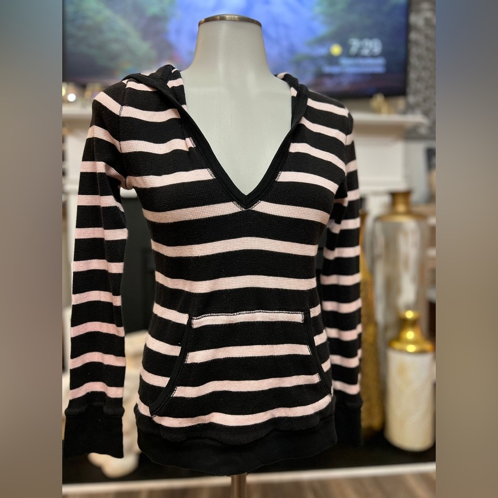 Lauren Active Ralph Lauren Womens Hooded Waffle Knit Shirt Black/Pink Stripe S